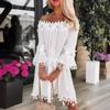Off Strapless White Lace Shoulder Dress Women Summer Flared Sleeve Vintage Casual Dress Loose Aline Hollow Out Lady Dresses Clothes 584