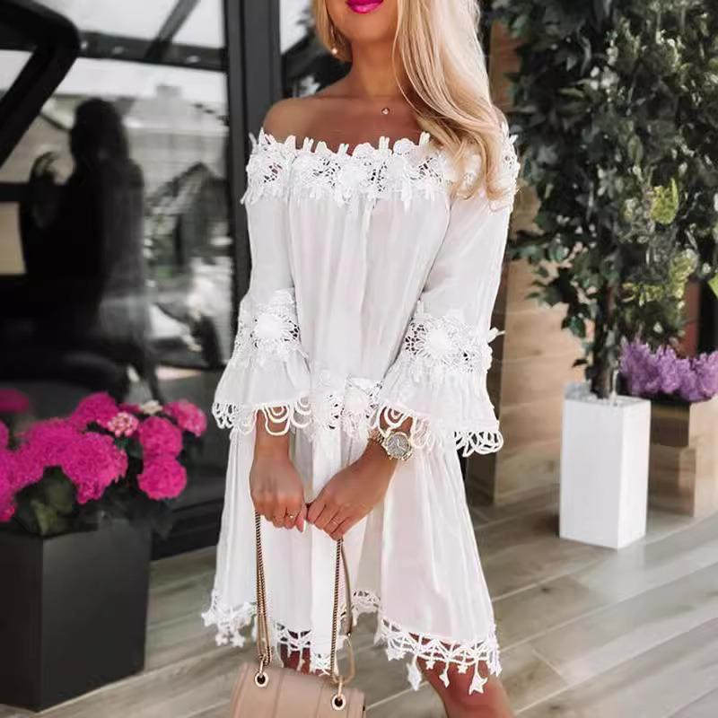 Off Strapless White Lace Shoulder Dress Women Summer Flared Sleeve Vintage Casual Dress Loose Aline Hollow Out Lady Dresses Clothes 584