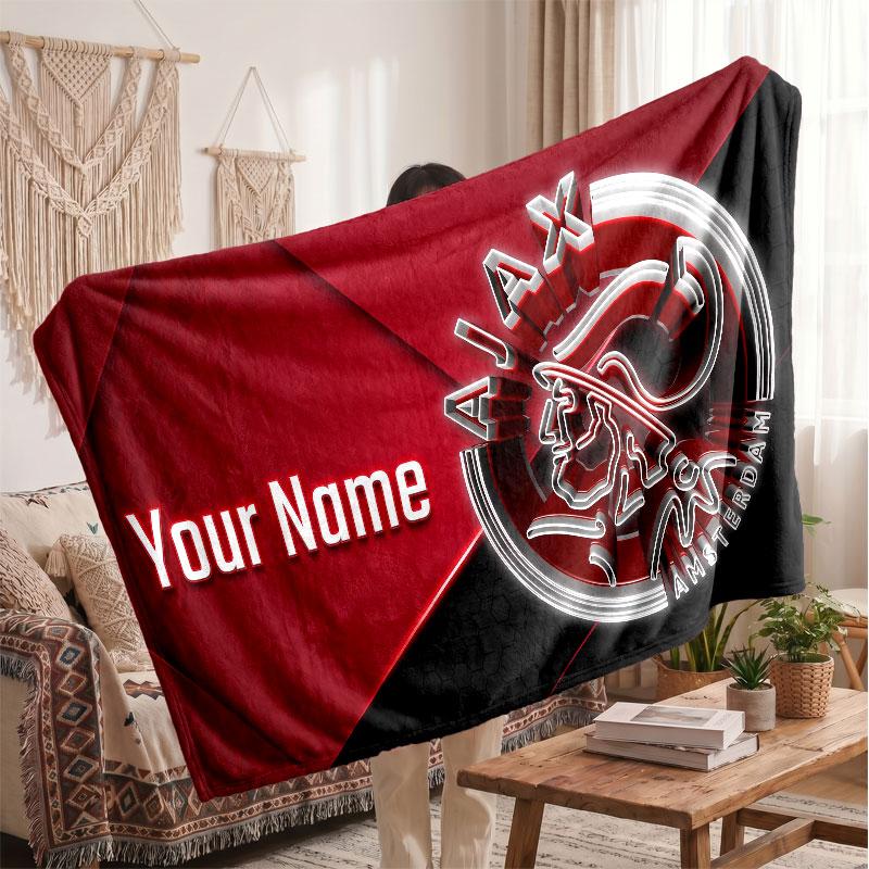 Ajax Amsterdam Personalized Fleece Blanket With Football Logo, Custom Name Text Soft Warm Home Throw Blanket