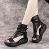 Women Summer Roman Sandals Boots 2023 Mid Heels Wedges Shoes Ladies Vintage PU Leather Sandals