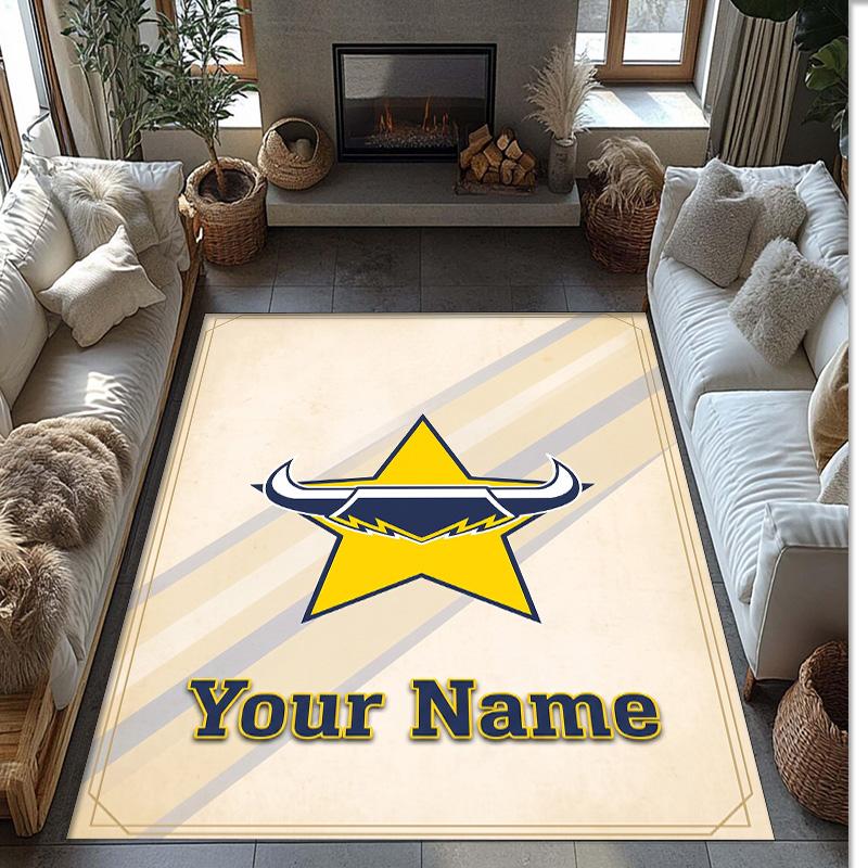North Queensland Cowboys Crystal Velvet Rug, Custom Name Text Personalized Non‑Slip Floor Mat for Home Decor Gift
