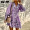 Women's Fashion Spring Autumn Bohemia Print Long Sleeve V-Neck High Waist Casual Dresses
