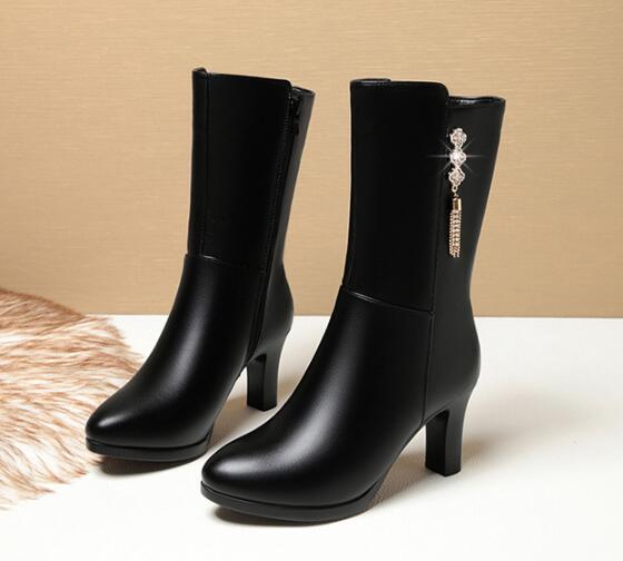Women's Winter Boots Genuine Leather Female Boots Warm High-heeled Plush Boot Women Trend Mid-calf Boots Women Zipper Round Head
