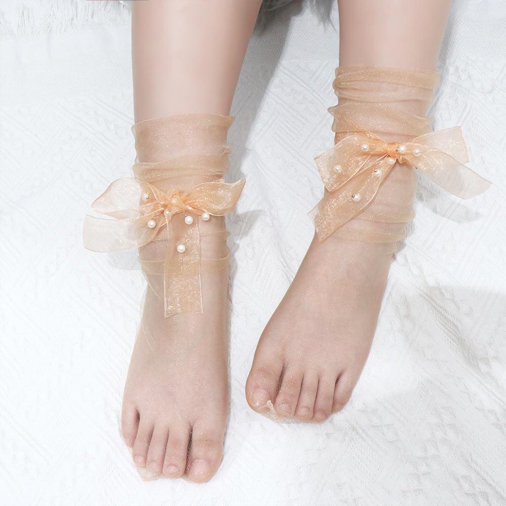 Long Summer Pearl Bow Lace Up Chiffon Women Socks Mesh Streetwear Transparent Socks