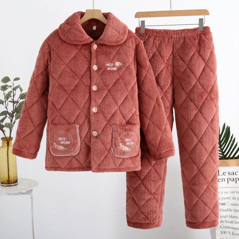 Зимняя стеганая пижама трехслойная утолщенная коралловый флис домашняя одежда женский комплект пижамы большого размера