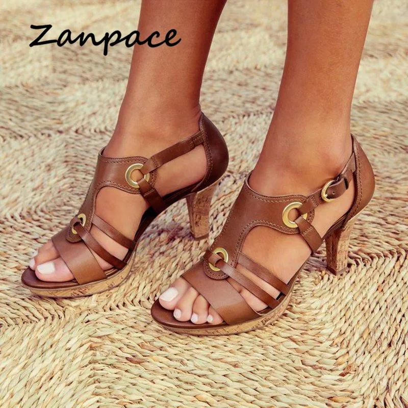 2024 Лето Европа Женские Сандалии Водонепроницаемая Платформа Металлическая Пряжка Высокий Каблук Женские Туфли Гладиатор Большие Размеры Кожаные Сандалии