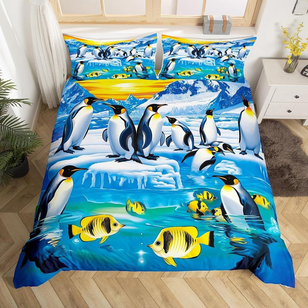Cartoon Penguin Duvet Cover Polar Animal Watermelon Bedding Set for Boys Girls Room DecorArctic Wildlife Fruit Comforter Cover