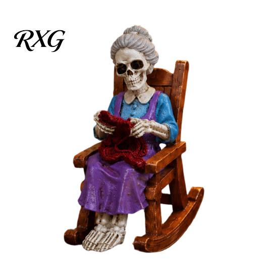 Resin Skeleton Desk Ornament Halloween Figurine, Sitting on Rocking Chair Statue, Drinking Gothic Garden Landscaping Decor Coffee Crocheting