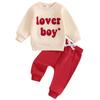 Baby Boy Winter Outfit, Letter Heart Embroidery Long Sleeve Sweatshirt Solid Elastic Waist Pants 2 Piece Set