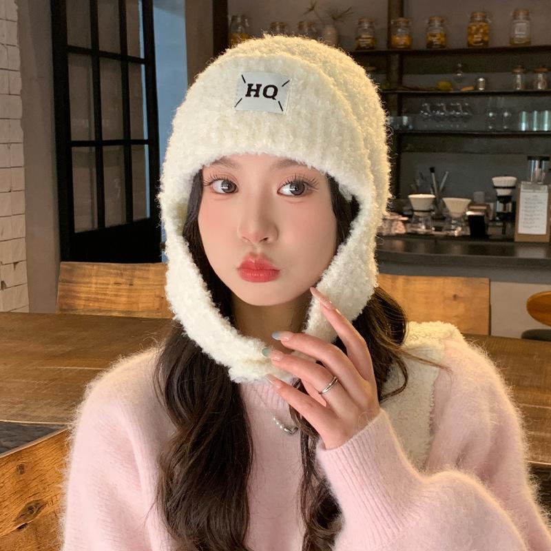Осенне-зимняя модная повседневная вязаная шапка из кораллового флиса, японская универсальная теплая шапка для женщин, уличная ветрозащитная шапка для защиты ушей