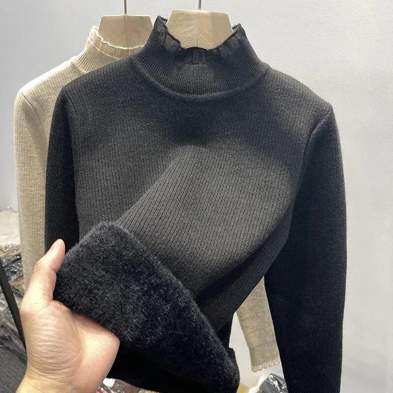 Осенне-зимние толстые плюшевые бархатные свитера, женские кружевные вязаные джемперы с полувысоким воротником, повседневные однотонные теплые пуловеры 29787