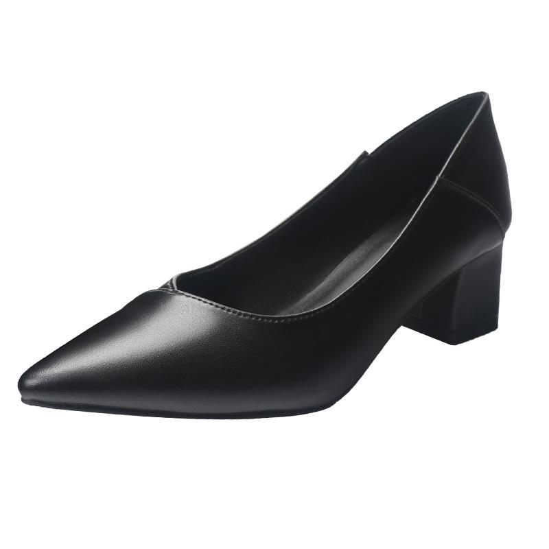 Толстый каблук черные туфли на среднем каблуке из кожи рабочая обувь женская обувь одинарные туфли