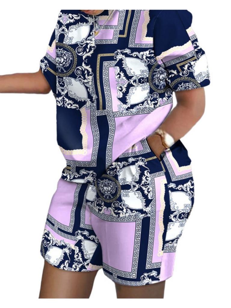 Casual Women's 2-piece 3d Printed Fashionable Short Sleeved Top and Shorts Set Oversized Loose and Simple 2-piece Set