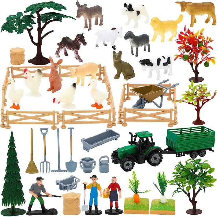 42Pcs Farm Animal Toy Set Plastic Farm Animal Figurines Tractor Fence Toy Farm Playset Educational Learning Toy Gift