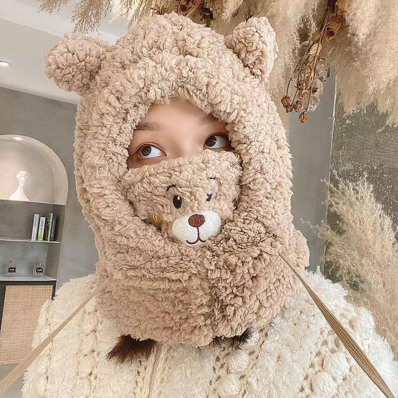 Women Cute Bear Ear Beanies Hat Kawaii Winter Warm Thick Fleece Bobble Hat Fluffy Fuzzy Hats Scarf Caps