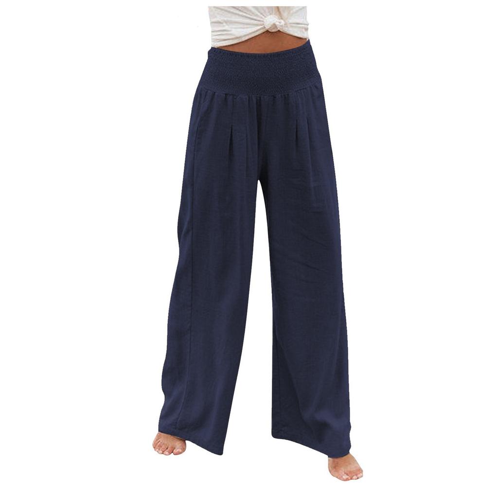 Women's Casual Loose High Waist Cotton Linen Wide Leg Long Pants With Pockets