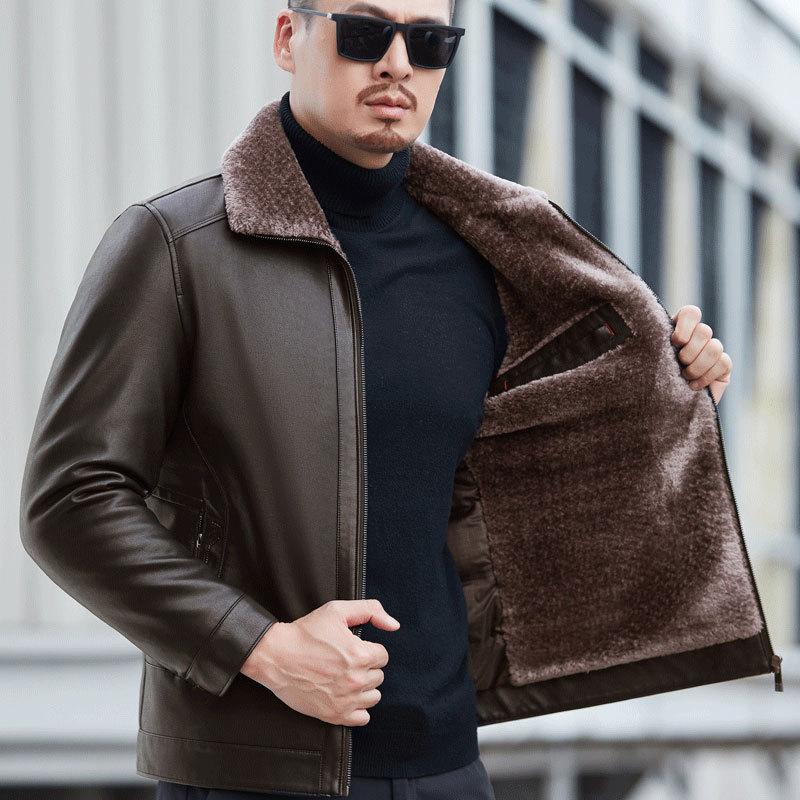 Genuine Leather Down Jacket Men's New Winter Stand-up Collar Plus Velvet Thickened Men's Casual Leather Jacket Jacket for Men