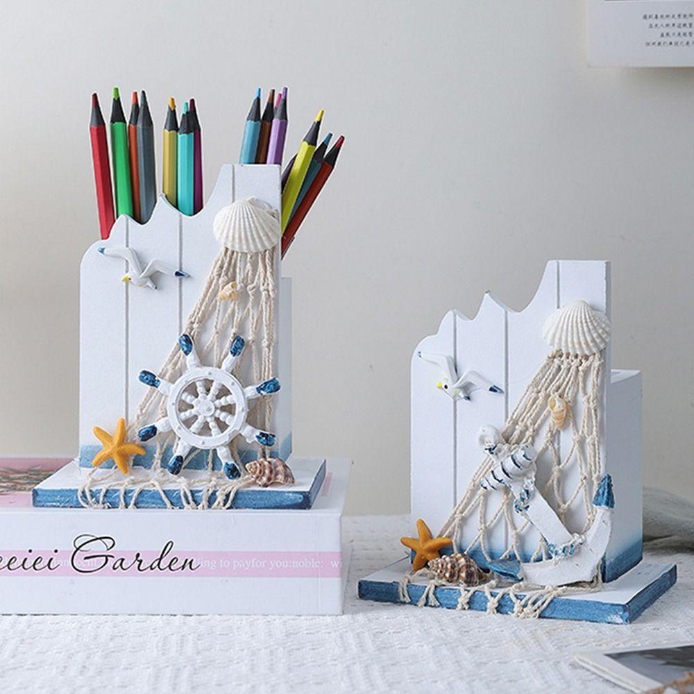Large Capacity Wooden Pen Holder Ocean Style Pen Container  Office Desktop Decoration