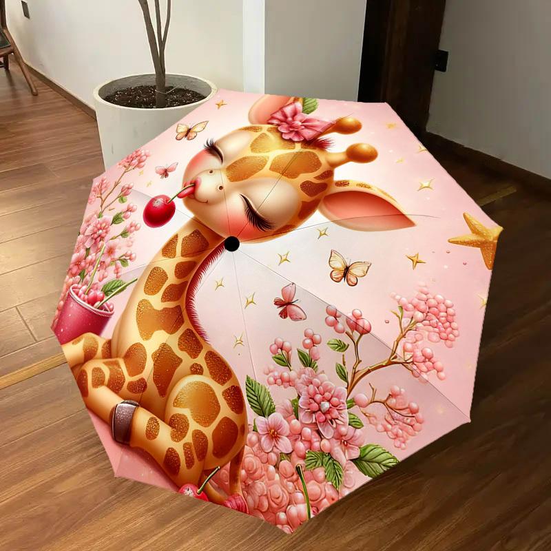 1pc giraffe, cherry Automatic Open/Close Umbrella Compact Folding Umbrella with 8-Rib Shaft for Women/Men, Elegant Birthday1123S