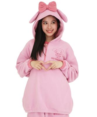 SAZAC My Melody Длинный теплый топ Худи на молнии до половины, Флис, Женский, Рукав, (Розовый/M/SAN1859)
