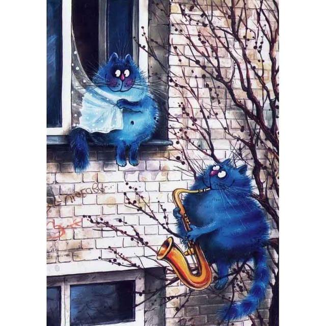 5D Алмазная вышивка Синие кошки Животное Полный круглый Алмазная картина Набор для вышивки крестом