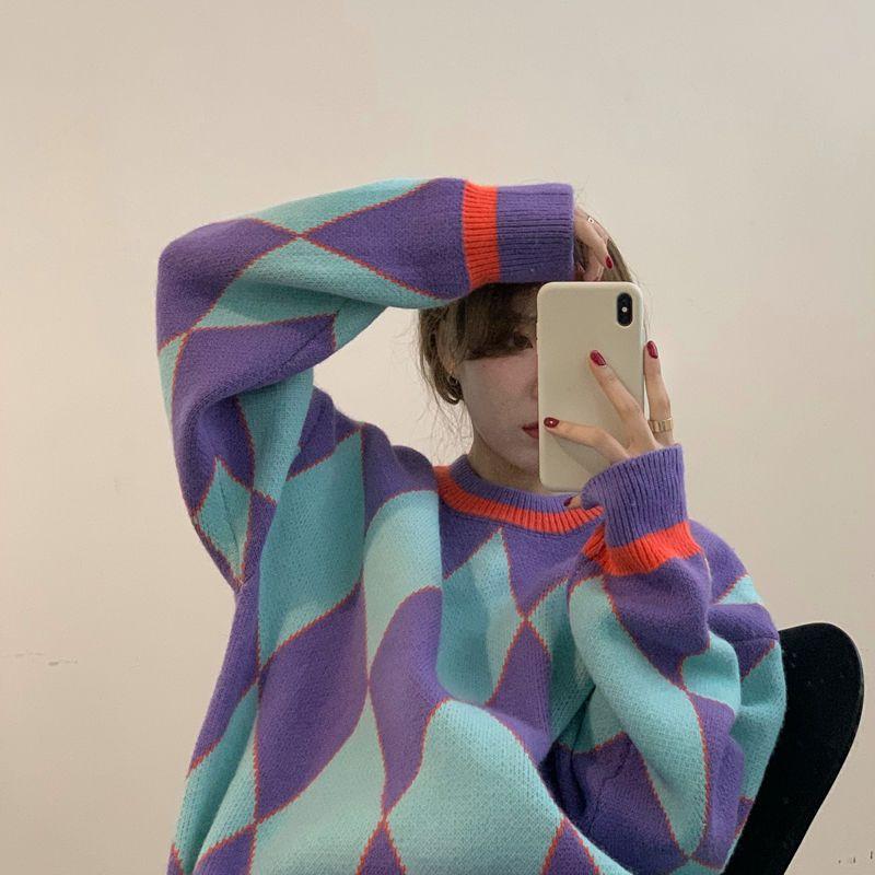 Осень Зима Женский Корейский Стиль Студенческий Цветной Блок Аргайл Ленивый Свободный Свитер Универсальный Вязаный Топ