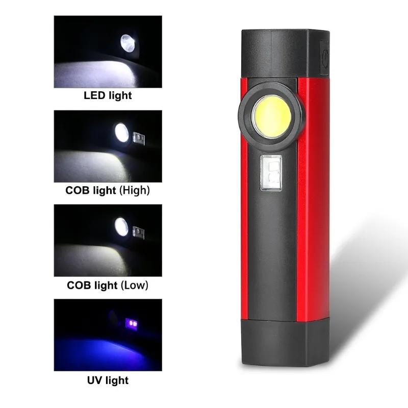 Мощный светодиодный фонарь COB, магнитный рабочий фонарь, USB-перезаряжаемый инспекционный фонарь с боковым светом, встроенный аккумулятор