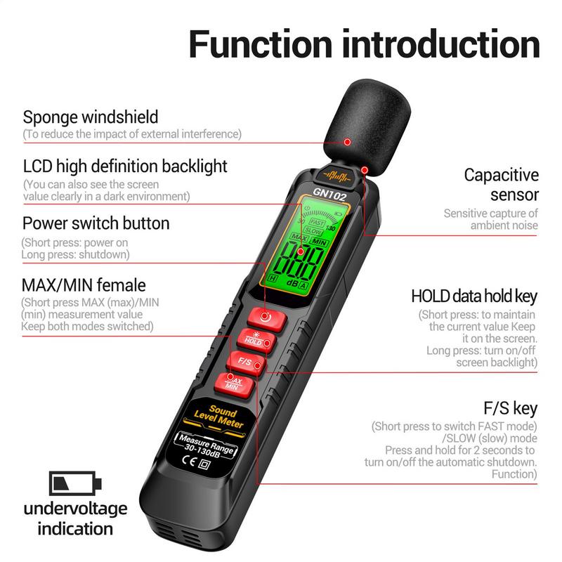 Sound Meter Decibel Reader LCD Display Backlight A-Weighted Range 30-130dB Data Hold Digital High-Precision Detector For Noisy