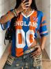 Summer New Stripe England Print T-shirt For Women Short Sleeve Patchwork V-Neck Tees Sports Football Jersey Y2K Oversized Tops