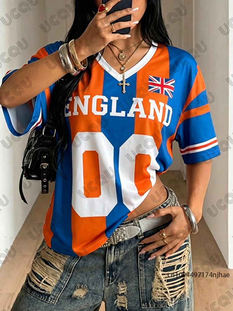 Summer New Stripe England Print T-shirt For Women Short Sleeve Patchwork V-Neck Tees Sports Football Jersey Y2K Oversized Tops