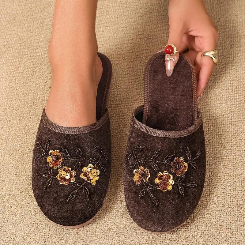 Мода 2025 Лето Сетка Женские Стринги Бусины Цветочные С Круглым Носком Шлепанцы Ретро Балетки для Повседневной Носки Уличного Использования Сандалии с Закрытым Носком