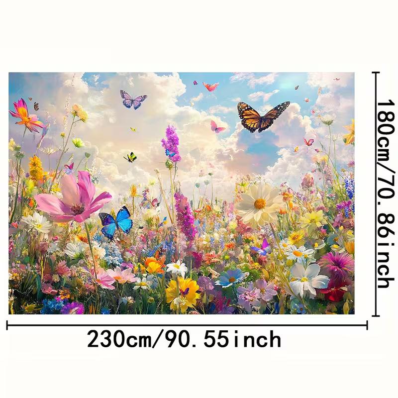 2D Dreamy Flower Meadow Backdrop, Wildflower & Butterfly Party Photography Background