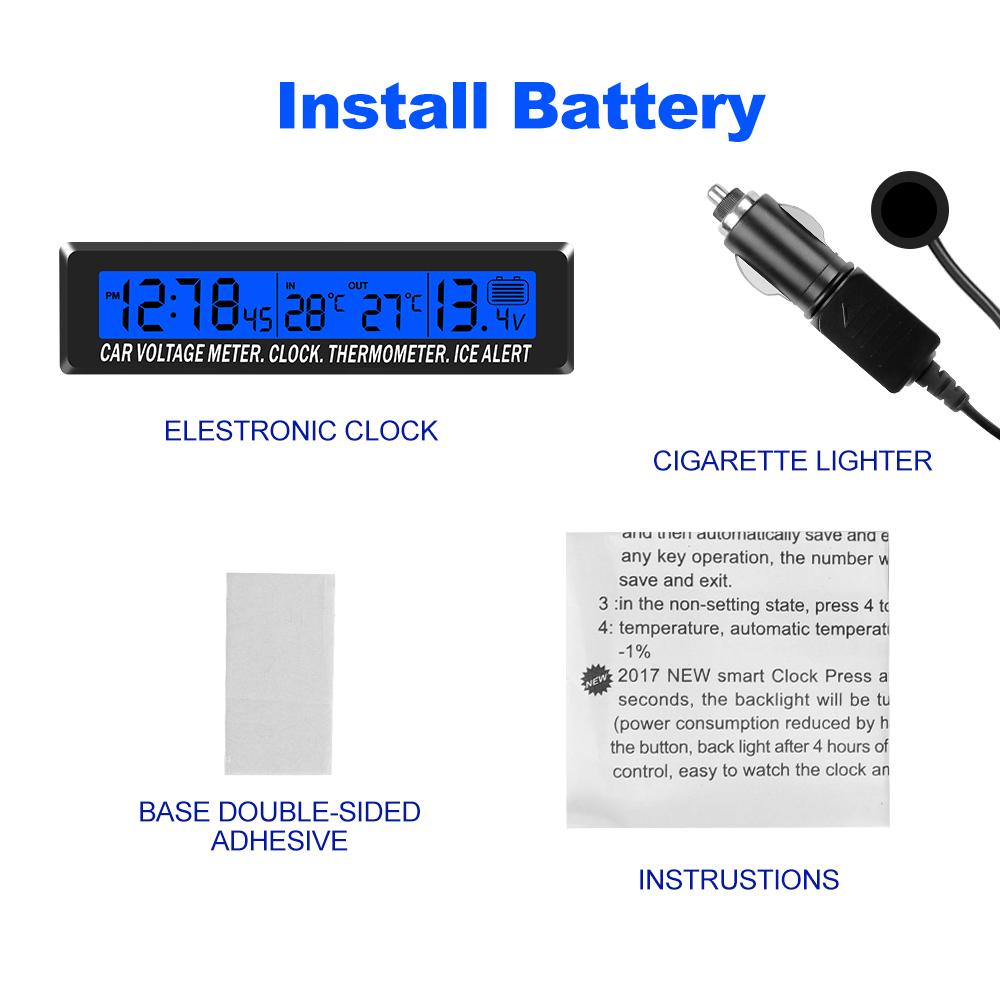 Автомобильные цифровые часы, термометр температуры внутри и снаружи автомобиля, монитор напряжения батареи, светодиодная подсветка с гнездом для прикуривателя