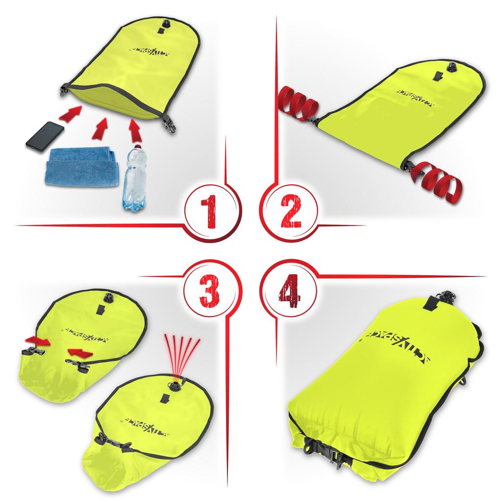 3-in-1 inflatable safety buoy, dry pocket + backpack - green