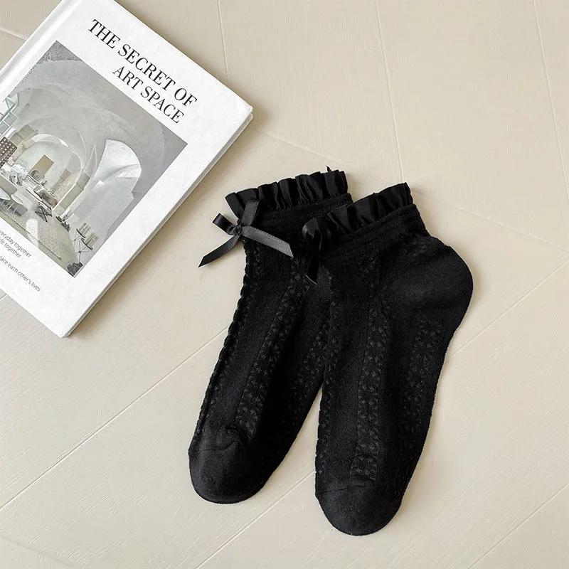 Lace Ruffle Socks Women Cute Bow Sweet Girl Lolita Kawaii Princess Socks Hollow Out Mesh Thin Breathable Black White Short Socks