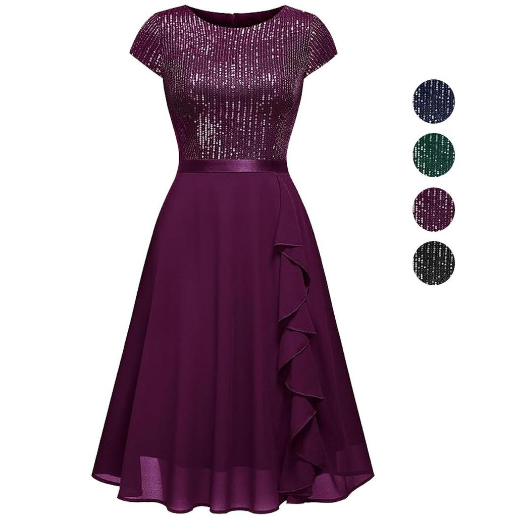 Women's Swing Dresses Sequin Round Neck Short Sleeves A Line Dress Chiffon Skirt Cocktail Party Evening Wedding Guest Outfits Bridesmaid Wear
