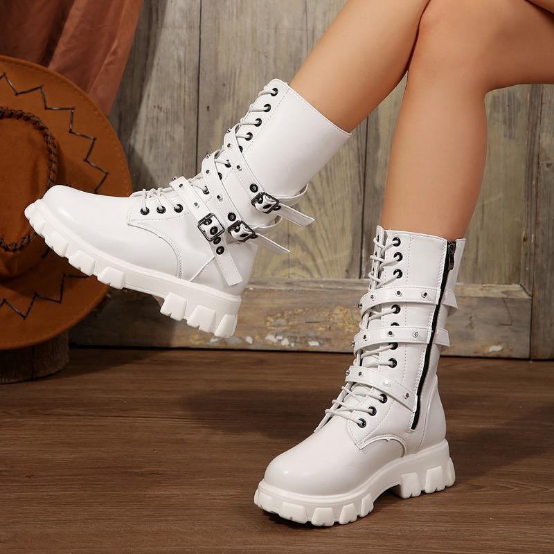 New Style Fashion Women Ankle Goth Boots Woman Winter Platform Shoes Luxury Studded Belt Buckle Punk Chunky Heels Mid Calf Boots