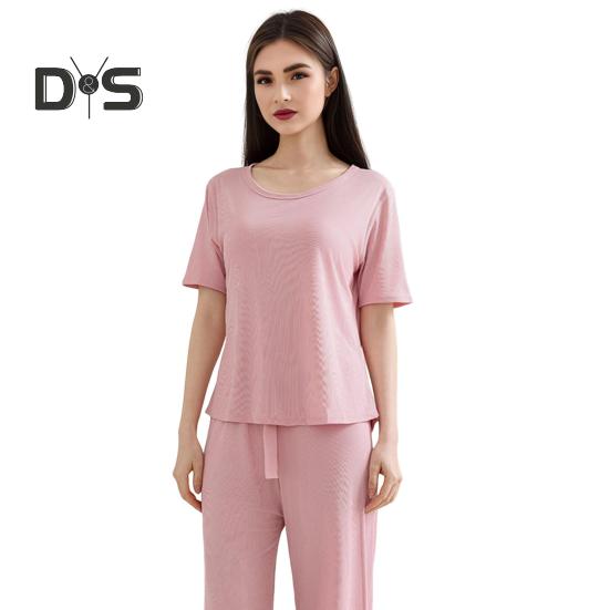 Женский летний пижамный комплект с круглым вырезом, короткими рукавами, топом и штанами, повседневный свободный комплект из двух предметов для отдыха