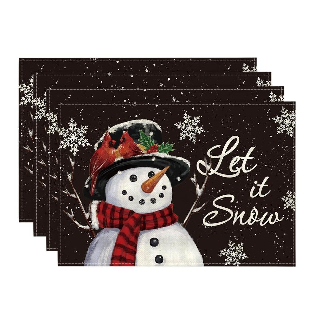 Красный Снеговик Let It Snow Зимние Подставки под Тарелки Набор из 4 штук, 12x18 Дюймов Сезонные Рождественские Праздничные Настольные Коврики для Вечеринки Кухни Обеденного Стола Декор