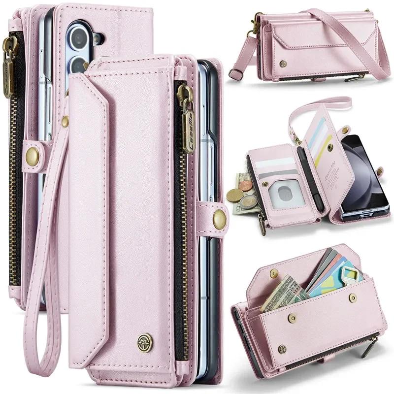 CaseMe Кожаный чехол-книжка для Samsung Galaxy Z Fold 7 5G 6 5 4 3 S26 Ultra S25 Edge S24 FE S23 S22 S21 S20 Plus Note 20 Кошелек на молнии Чехол-кардхолдер