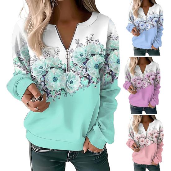 Женский осенне-весенний свитер с цветочным принтом, v-образный вырез, молния, декор, пуловер с длинными рукавами, мягкий повседневный толстый эластичный манжет, женский топ, блузка