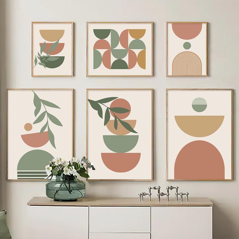 Абстрактные пейзажные постеры в стиле бохо, солнечные листья, холст, живопись, геометрические линии, настенные художественные картины с растениями для гостиной, домашний декор