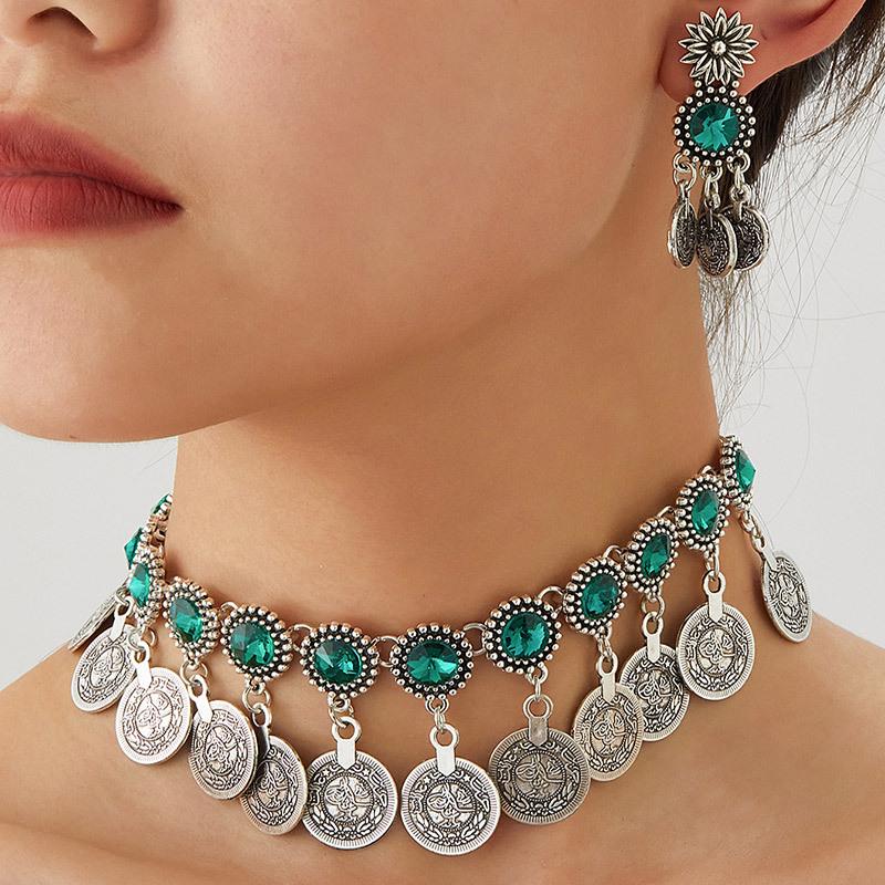 Модный ретро женский ювелирный набор в ближневосточном стиле с сияющими бриллиантовыми монетами - ожерелье и серьги