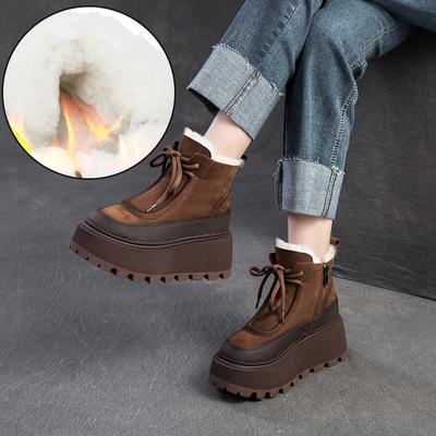 Шерстяные теплые полусапожки из натуральной кожи, винтажные универсальные туфли на толстой танкетке для женщин