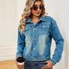 Women Spliced Denim Jacket Lapel Long Sleeve Jean Coat Casual Outerwear