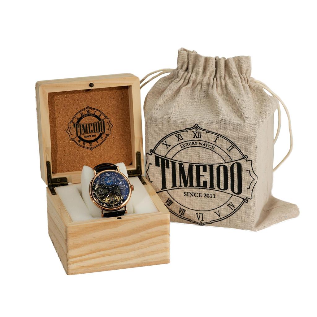 TIME100 роскошные автоматические часы скелетон механические из нержавеющей стали с ремешком из натуральной кожи водонепроницаемость 50 м мужские (Розовое золото)