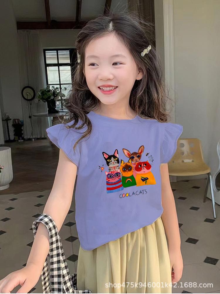 Girls Summer Cotton Cartoon T Shirt Cute Flutter Sleeve Short Sleeve Top Baby Breathable Comfortable Undershirt