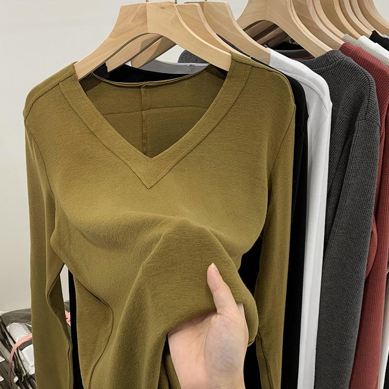 Футболка с V-образным вырезом и длинными рукавами для женщин на весну и осень, новый дизайн, сдержанная рубашка с низом, свободный и универсальный топ на раннюю весну