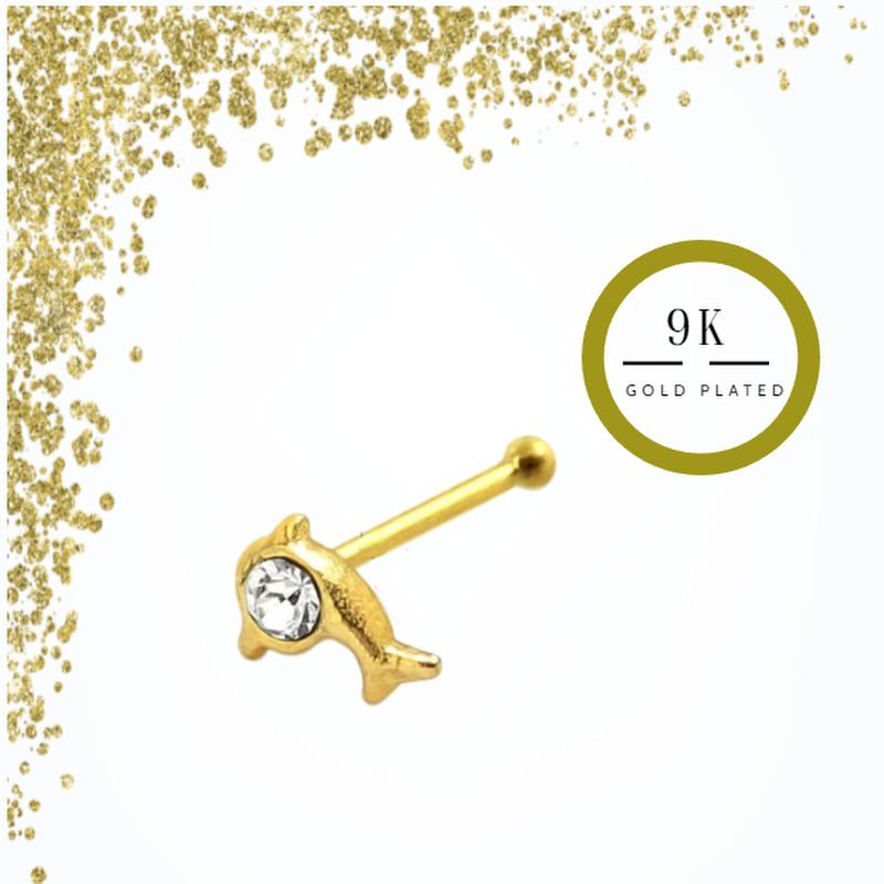 KODY PIERCING Пирсинг из 9-каратного золота, украшенный драгоценными камнями, булавка для носа с шариком в виде дельфина - качественный пирсинг
