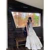 Kumikumi Elegant Floral Dress Women Summer Holiday Style Sleeveless Vest Dress Lace Stitching A Word Long Dress